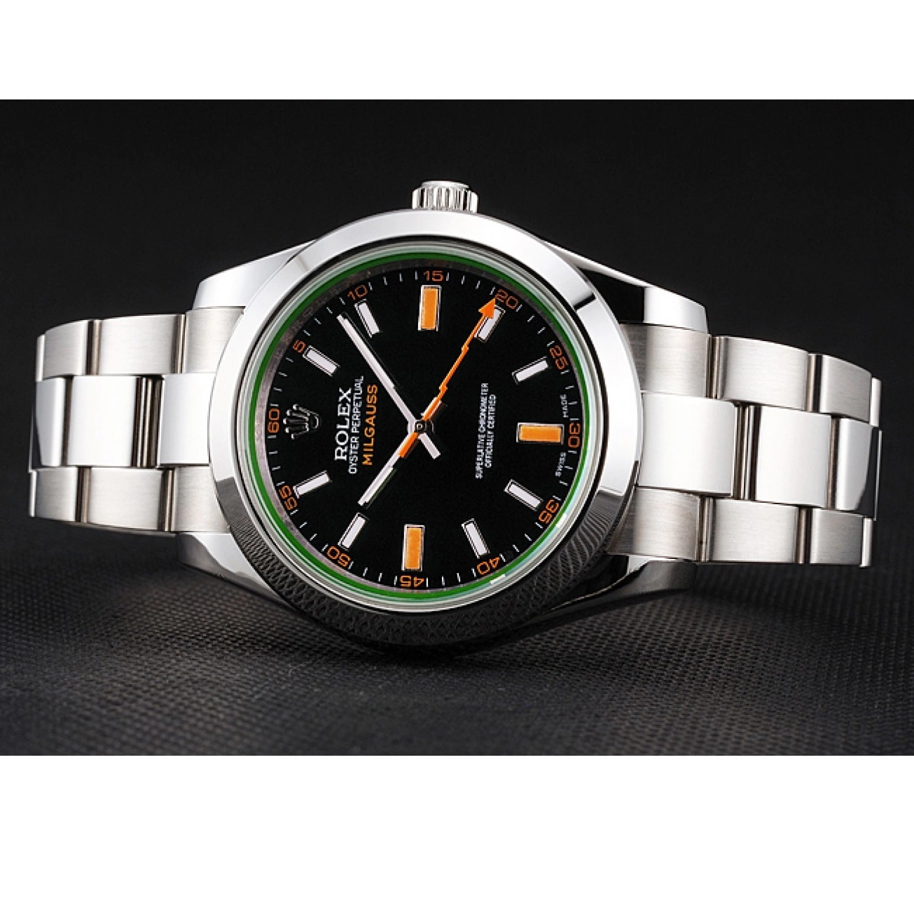 Rolex copies cheap Dial Markings Orange Milgauss Rolex Swiss Bracelet And Black Case Stainless Steel 0821
